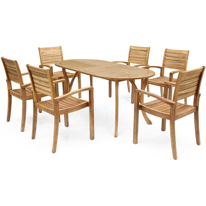 Afuera Living Modern 7 Piece Wooden Oval Patio Dining Set in Teak