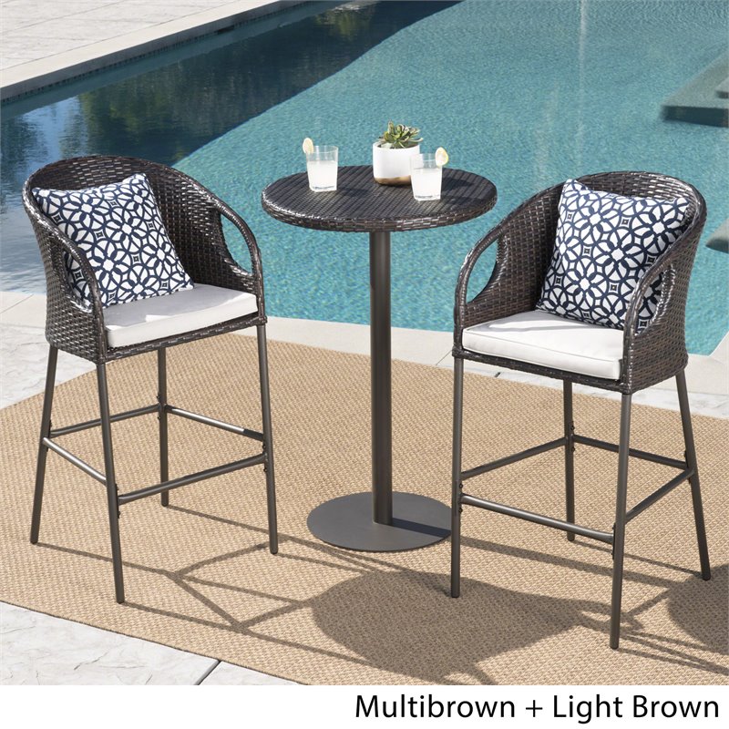 Afuera Living 3-Pc Multi Brown Wicker Round Bar Set w/Light Brown Cushion