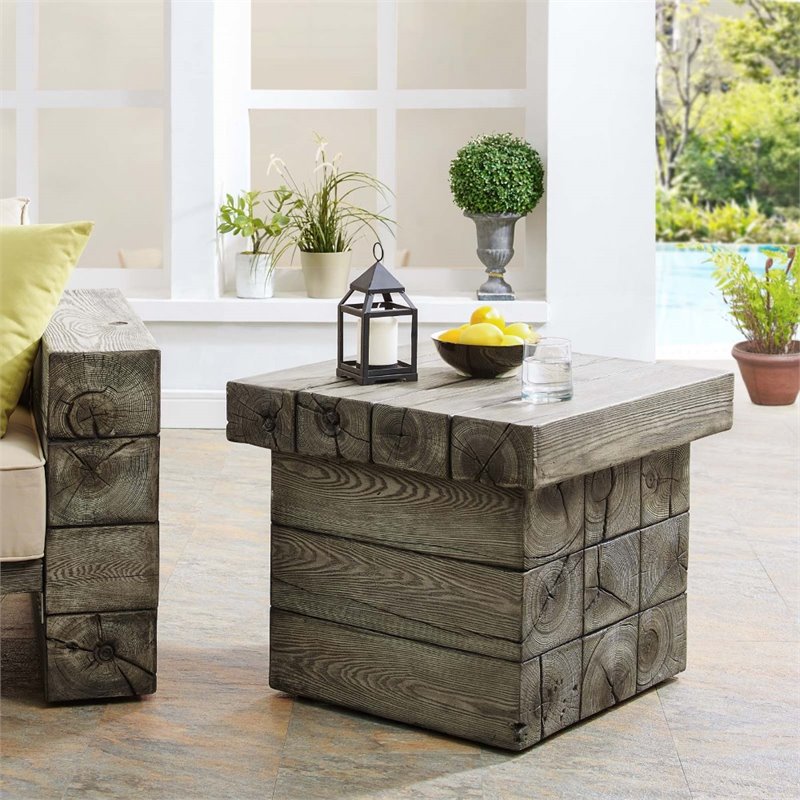 Afuera Living Modern Wood Outdoor Patio Side Table in Light Gray