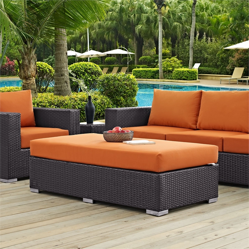 Afuera Living Rectangle Fabric Rattan Patio Ottoman in Espresso / Mocha