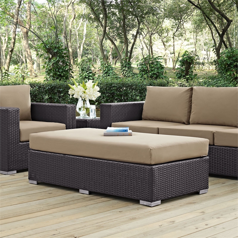 Afuera Living Rectangle Fabric Rattan Patio Ottoman in Espresso / Mocha
