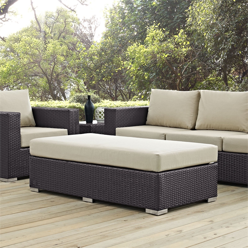 Afuera Living Rectangle Fabric Rattan Patio Ottoman in Espresso / Mocha