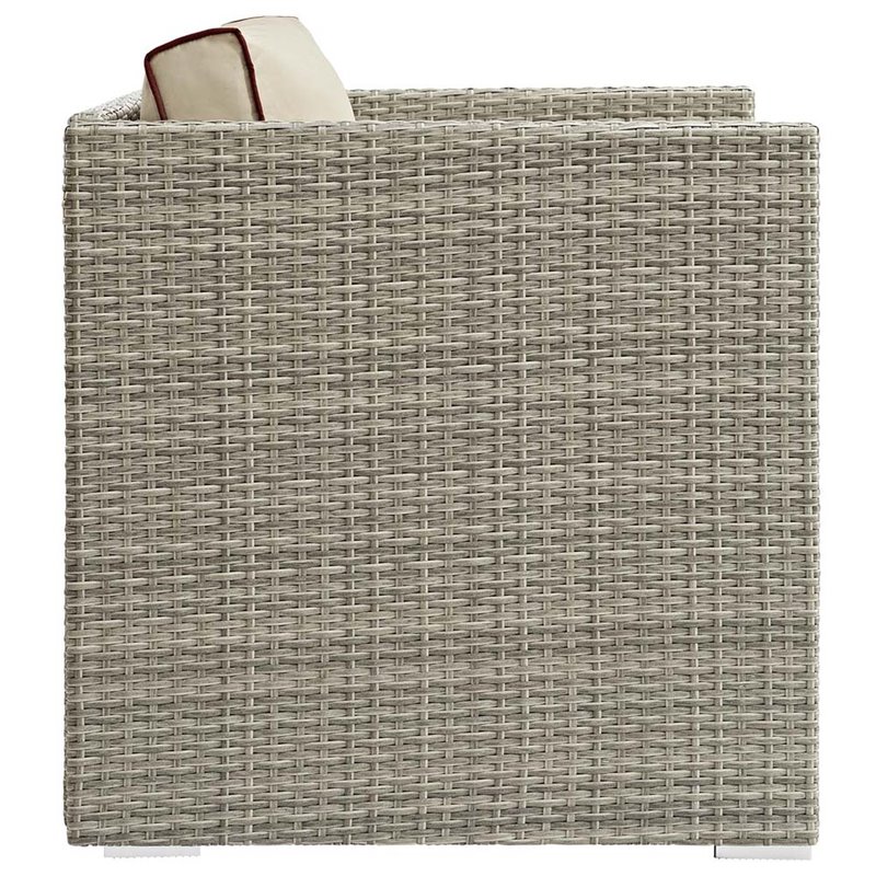 Afuera Living Rattan & Fabric Patio Arm Chair in Light Gray and Beige