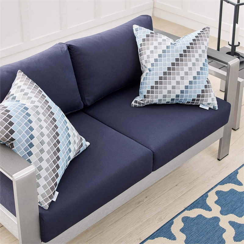 Afuera Living Fabric & Aluminum Outdoor Patio Loveseat in Silver & Navy
