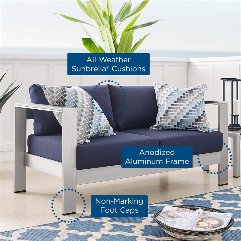 Afuera Living Fabric & Aluminum Outdoor Patio Loveseat in Silver & Navy