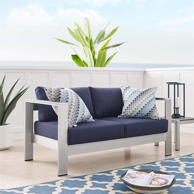 Afuera Living Fabric & Aluminum Outdoor Patio Loveseat in Silver & Navy