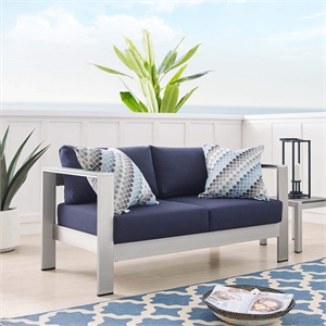Afuera Living Fabric & Aluminum Outdoor Patio Loveseat in Silver & Navy