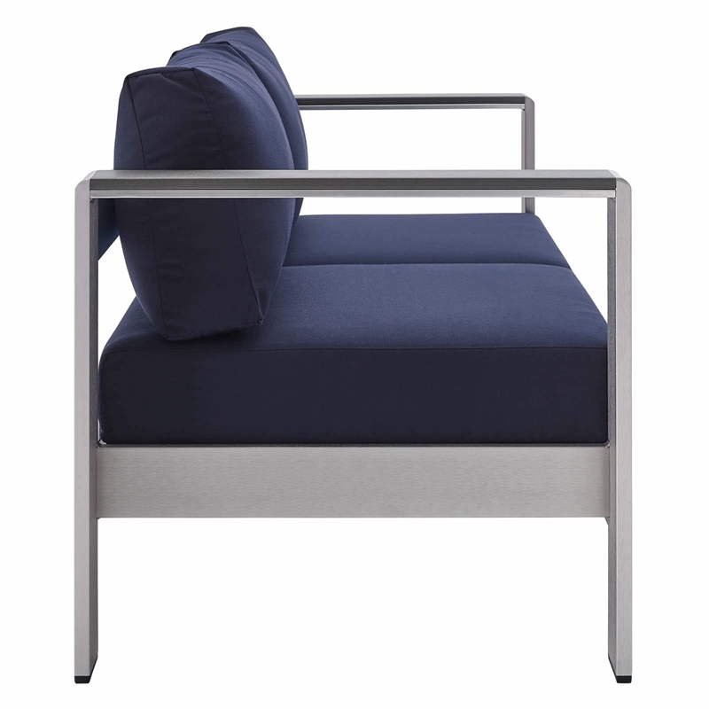 Afuera Living Fabric & Aluminum Outdoor Patio Loveseat in Silver & Navy