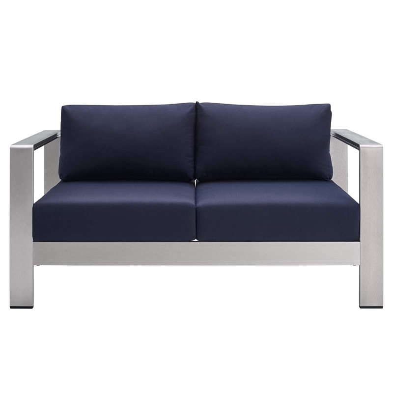 Afuera Living Fabric & Aluminum Outdoor Patio Loveseat in Silver & Navy