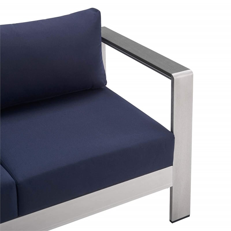 Afuera Living Fabric & Aluminum Outdoor Patio Loveseat in Silver & Navy