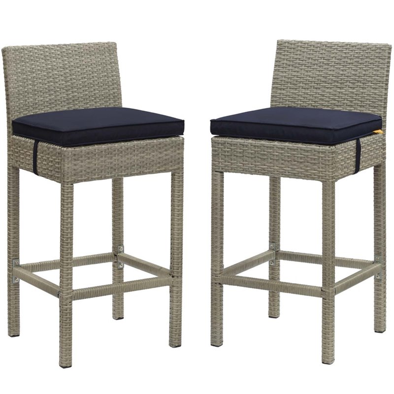 Afuera Living Rattan Outdoor Bar Stool in Light Gray and Navy (Set of 2)