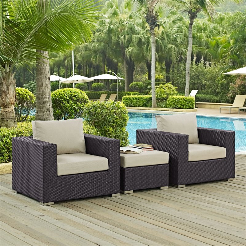 Afuera Living 3-Piece Aluminum and Rattan Patio Sofa Set in Beige / Espresso