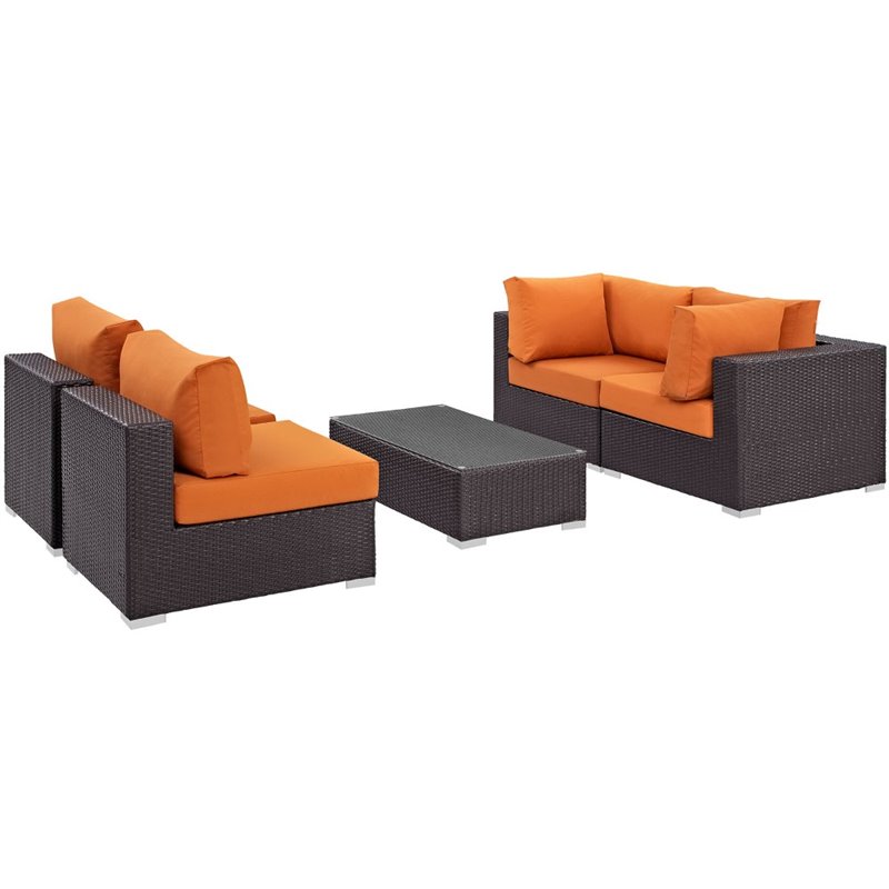 Afuera Living 5-Piece Aluminum Rattan Patio Sectional Set - Espresso / Orange