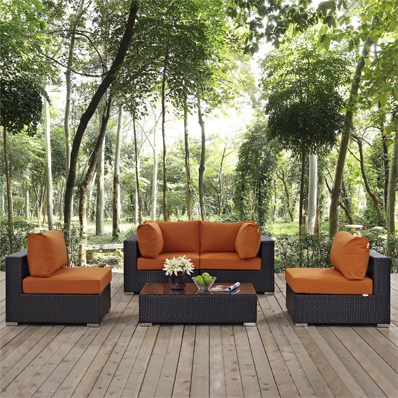 Afuera Living 5-Piece Aluminum Rattan Patio Sectional Set - Espresso / Orange