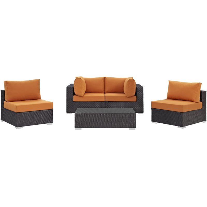 Afuera Living 5-Piece Aluminum Rattan Patio Sectional Set - Espresso / Orange