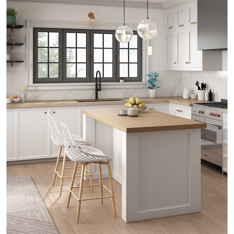 Afuera Living Mid-Century Steel Counter Chair 2 Piece Set in White & Natural