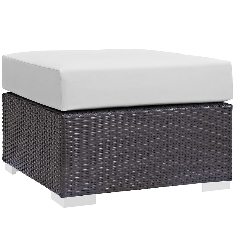 Afuera Living Square Fabric and Rattan Patio Ottoman in Espresso/White