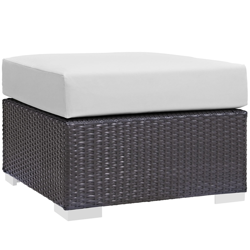 Afuera Living Square Fabric and Rattan Patio Ottoman in Espresso/White