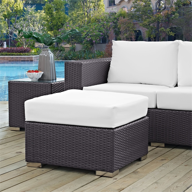 Afuera Living Square Fabric and Rattan Patio Ottoman in Espresso/White