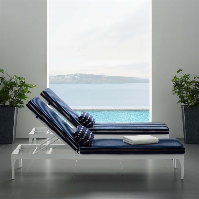 Afuera Living Aluminum Patio Chaise Lounge Chair in White and Striped Navy