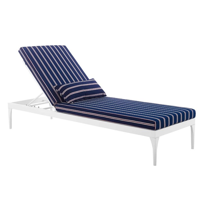 Afuera Living Aluminum Patio Chaise Lounge Chair in White and Striped Navy
