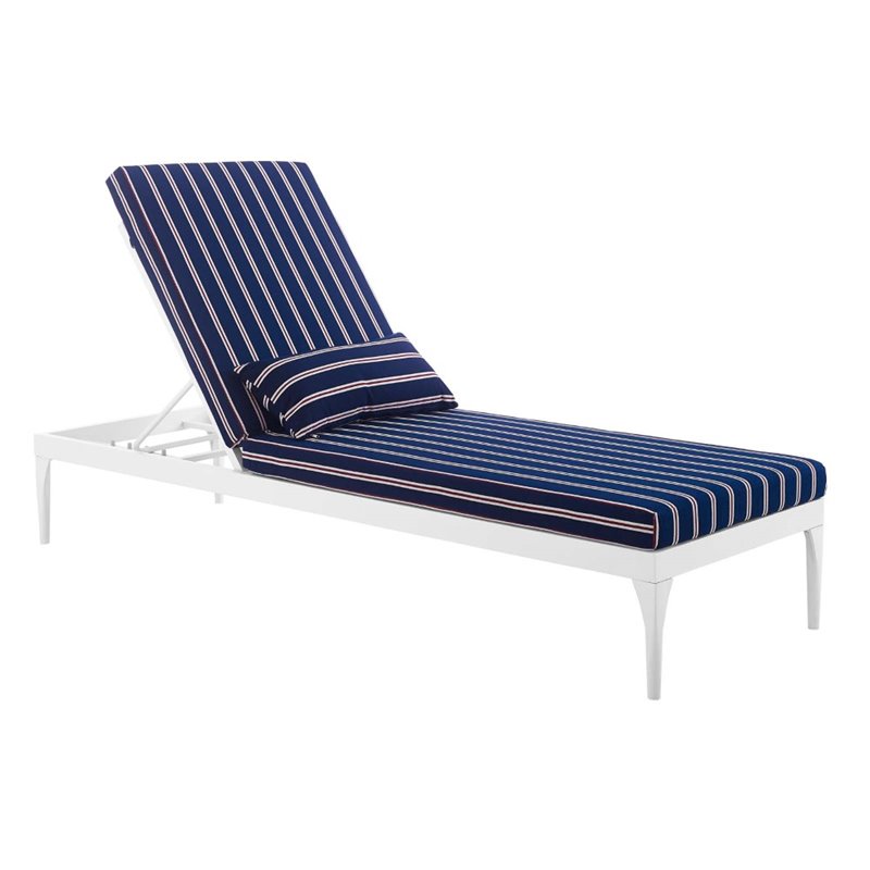 Afuera Living Aluminum Patio Chaise Lounge Chair in White and Striped Navy