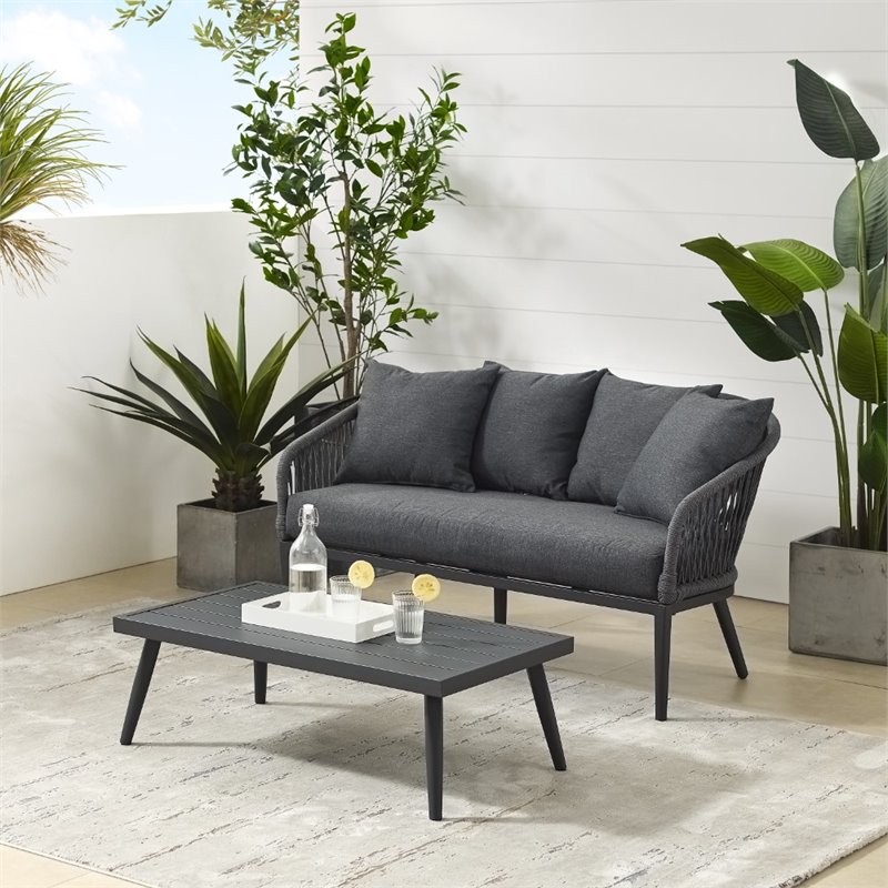 Afuera Living 2 Piece Patio Rope Loveseat Set in Charcoal and Black