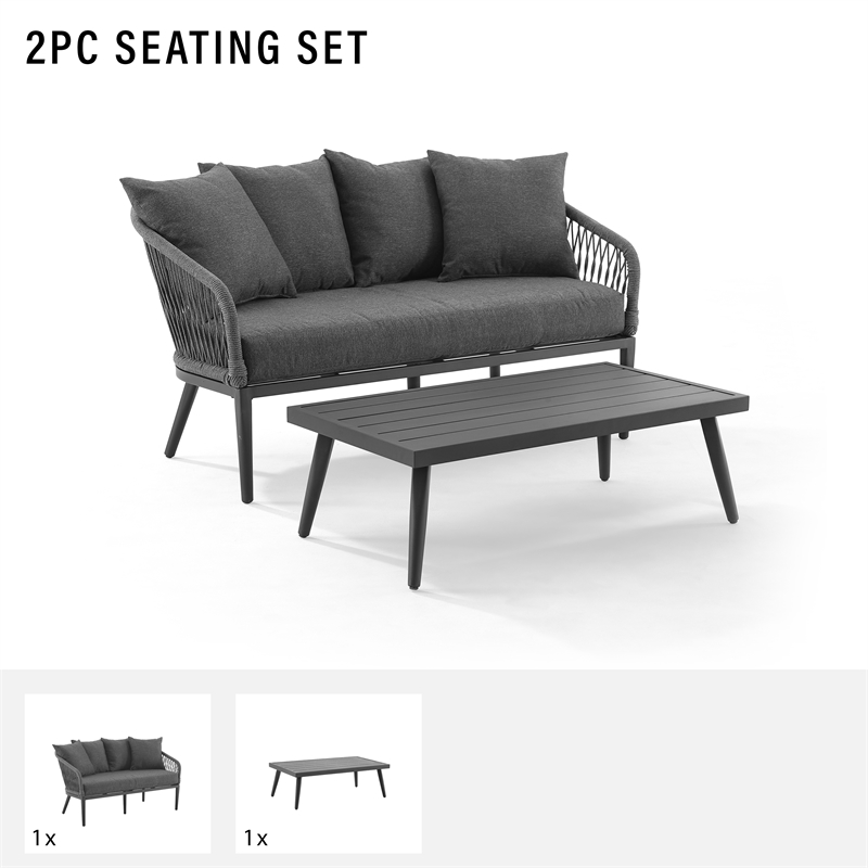 Afuera Living 2 Piece Patio Rope Loveseat Set in Charcoal and Black