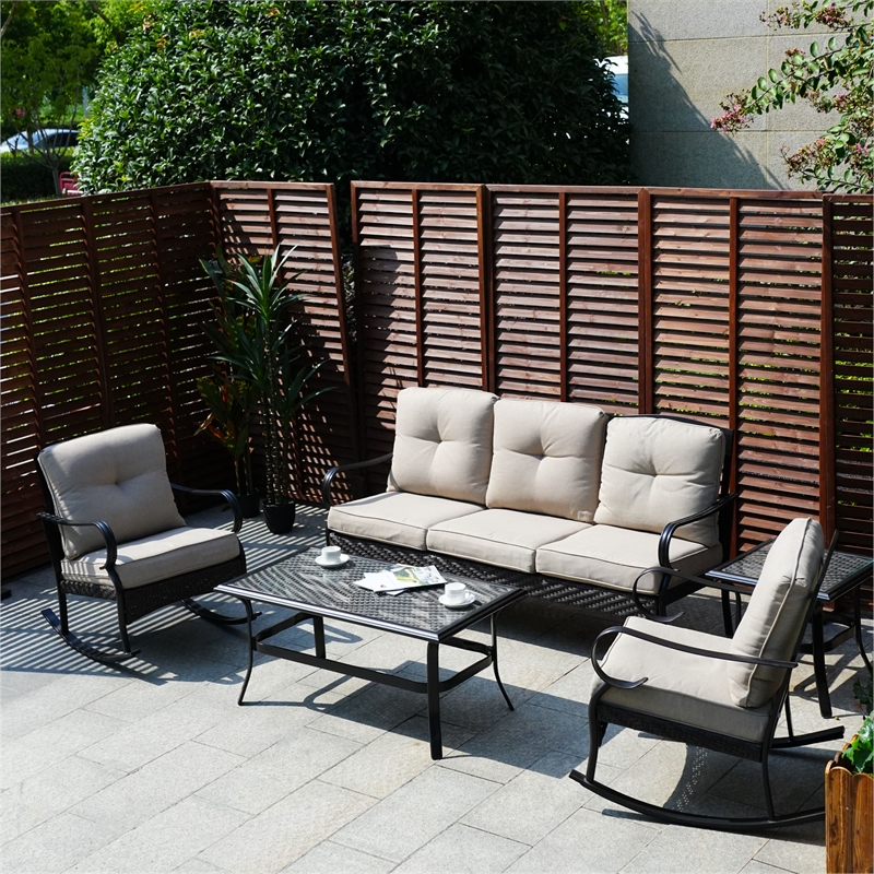 Afuera Living Steel Rectangle Patio Coffee Table in Black with Tempered Glass