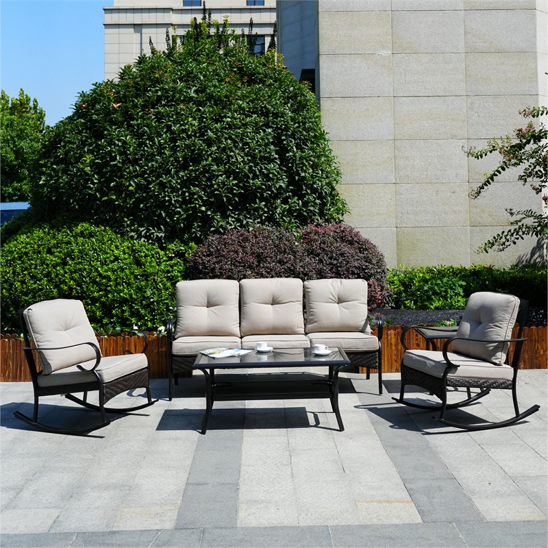 Afuera Living Steel Rectangle Patio Coffee Table in Black with Tempered Glass