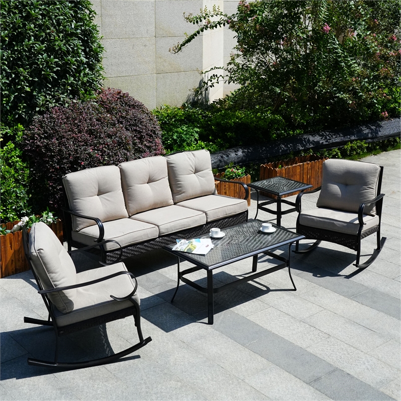 Afuera Living Steel Rectangle Patio Coffee Table in Black with Tempered Glass