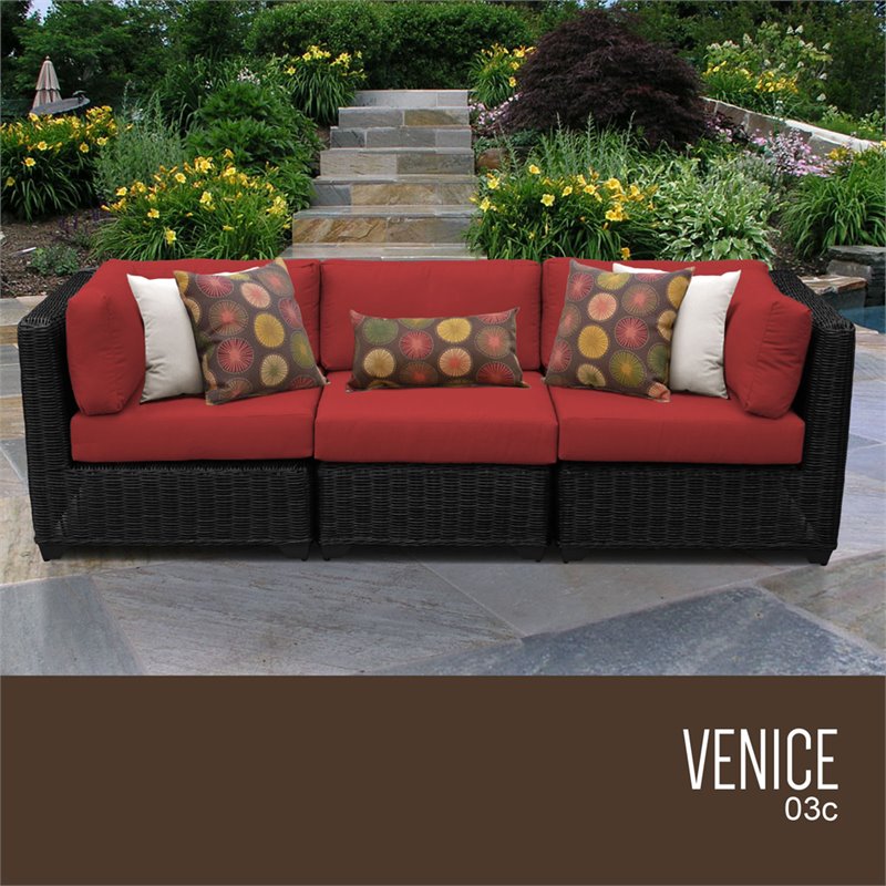 Afuera Living Contemporary Polyethylene Resin 3-Piece Wicker Patio Sofa in Red