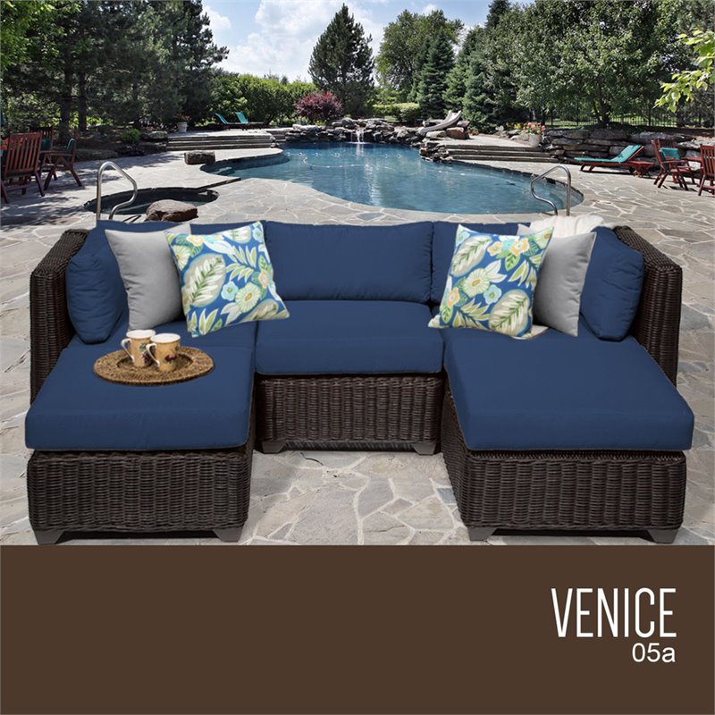Afuera Living Contemporary 5-Piece Wicker Patio Sectional in Navy