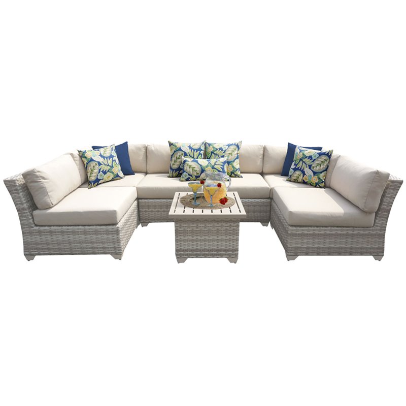Afuera Living Contemporary 7 Piece Patio Wicker Sectional Set in Beige