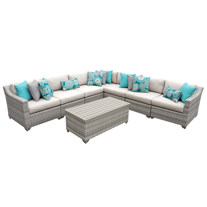 Afuera Living Contemporary 8 Piece Patio Wicker Sectional Set in Beige