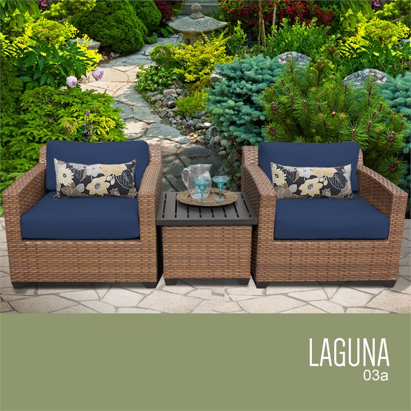 Afuera Living Contemporary 3-Piece Patio Wicker Conversation Set in Navy
