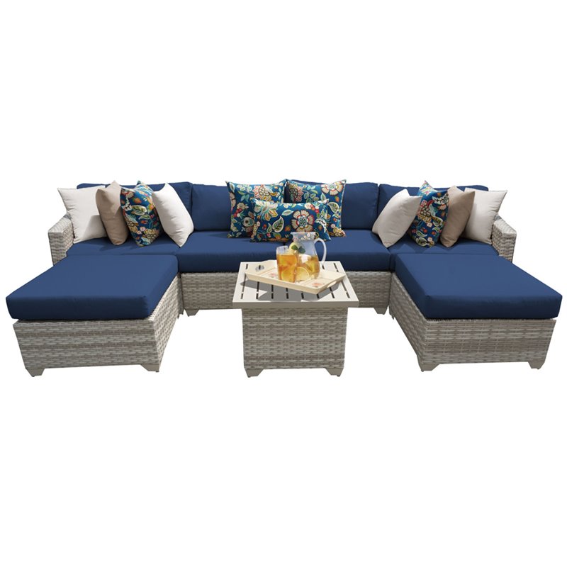 Afuera Living 7 Piece Wicker Patio Sectional Set with Navy Cushions