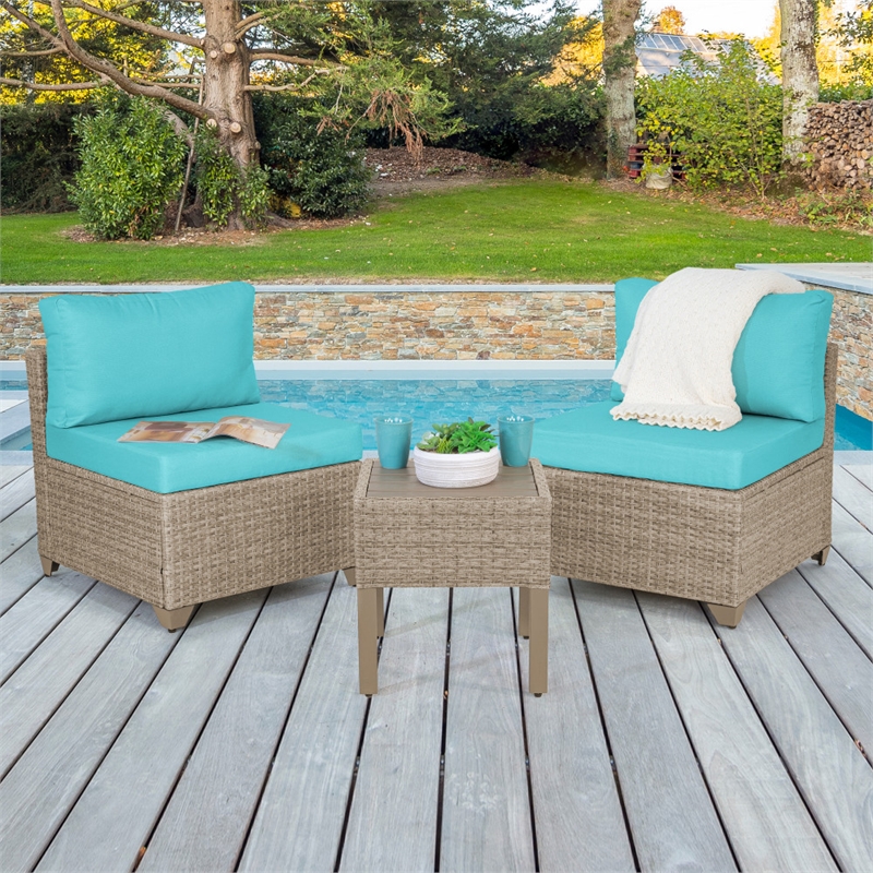 Afuera Living 3-Piece Coastal Wicker / Rattan Outdoor Set in Cyan Blue