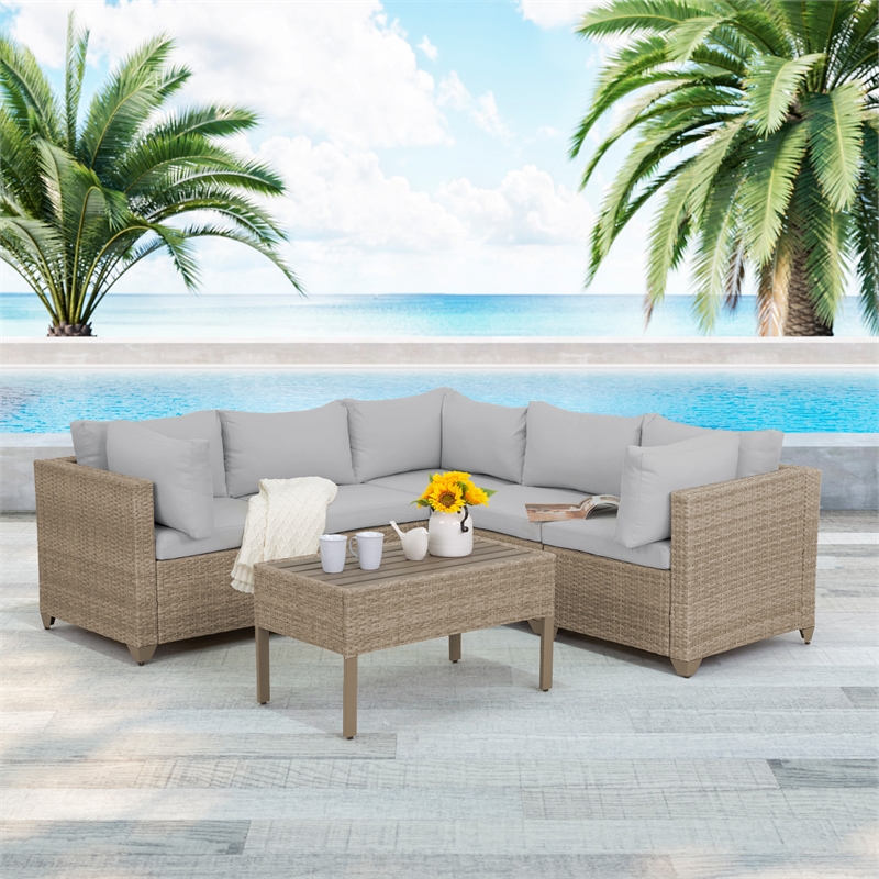 Afuera Living 6-Piece Wicker / Rattan Outdoor Sofa Set in Stone Finish