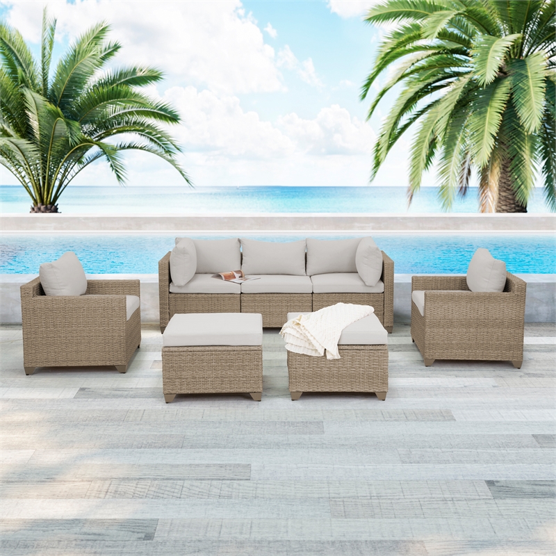 Afuera Living 7-Piece Wicker / Rattan Outdoor Set with Ottoman Hazel Beige