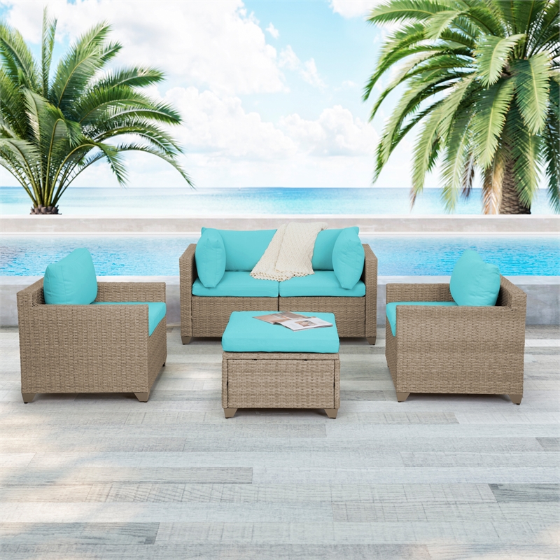 Afuera Living 5-Piece Wicker / Rattan Outdoor Set with Ottoman in Cyan Blue
