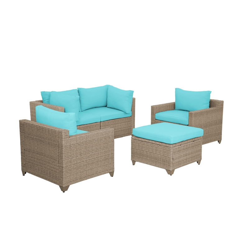 Afuera Living 5-Piece Wicker / Rattan Outdoor Set with Ottoman in Cyan Blue