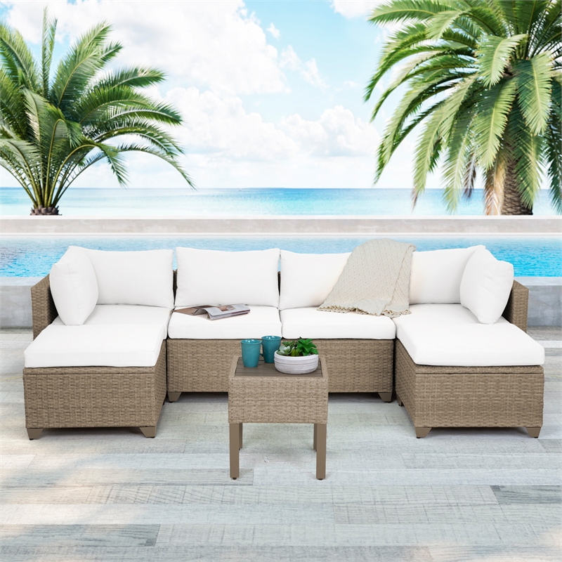 Afuera Living 7-Piece Wicker / Rattan Outdoor Set with End Table in Linen White