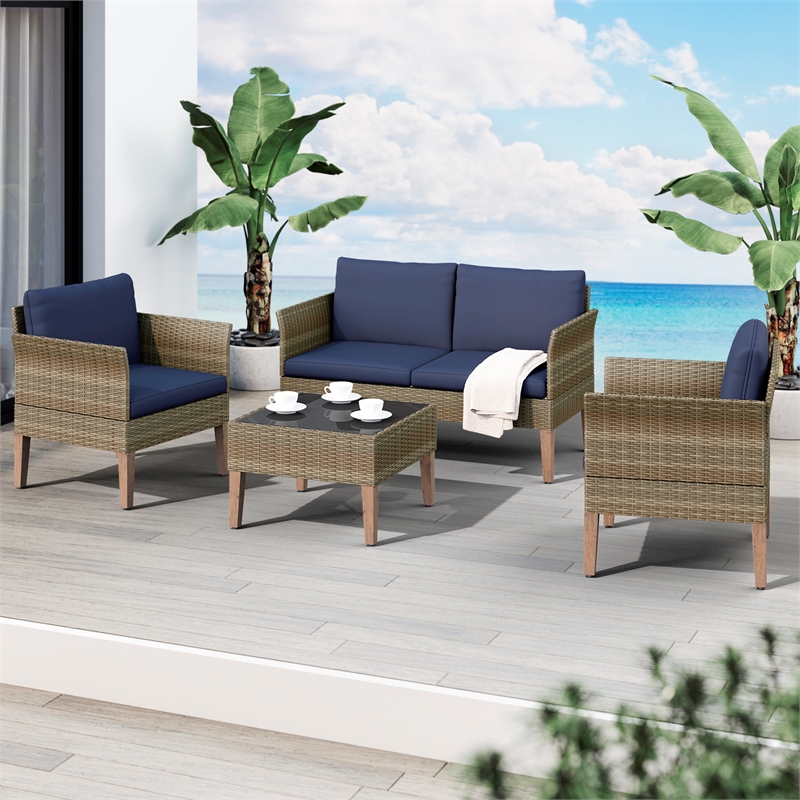 Afuera Living 4-Piece Wicker / Rattan Outdoor Conversation Set in Cobalt Blue