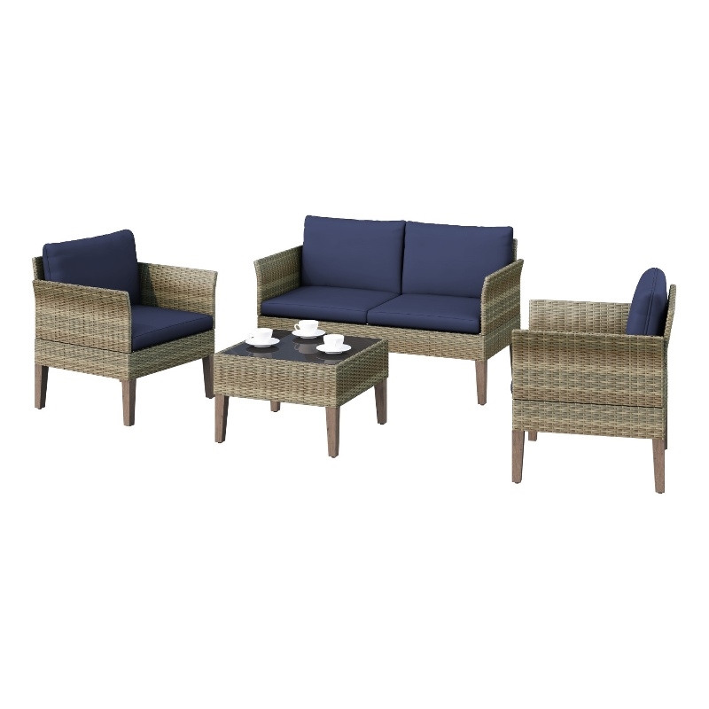 Afuera Living 4-Piece Wicker / Rattan Outdoor Conversation Set in Cobalt Blue