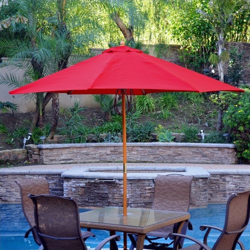 Afuera Living 9' Wood Market Patio Polyester Umbrella in Red