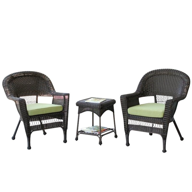 Afuera Living 3 Piece Wicker Conversation Set in Espresso with Green Cushions