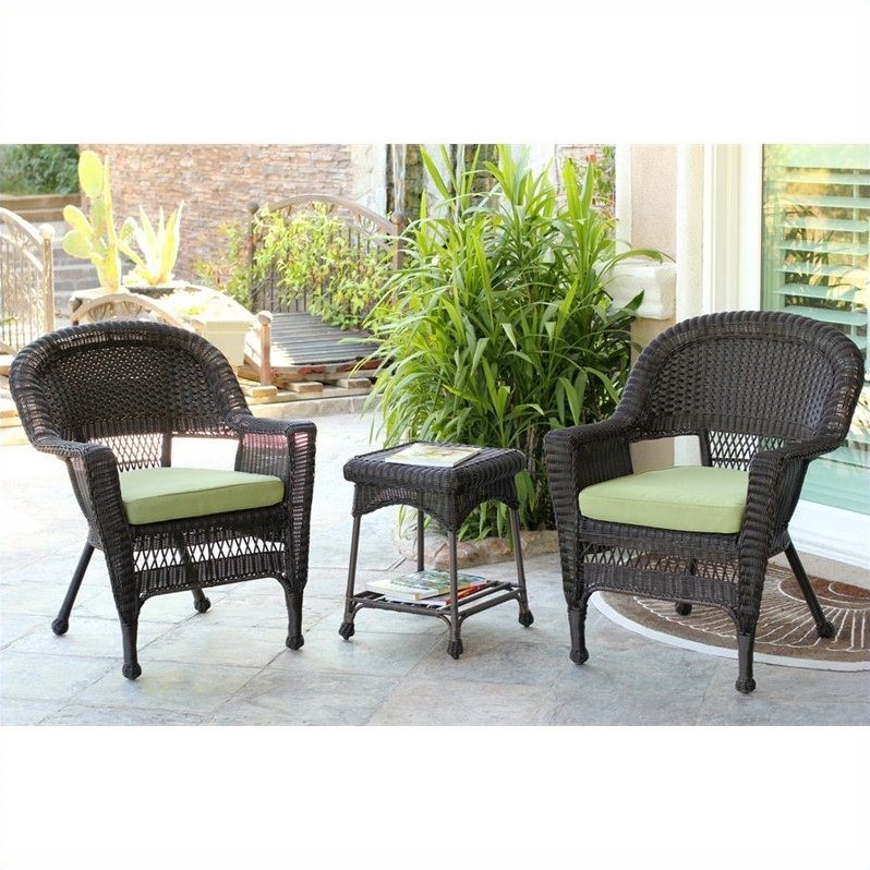 Afuera Living 3 Piece Wicker Conversation Set in Espresso with Green Cushions