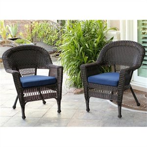 Afuera Living Wicker Chair in Espresso with Blue Cushion (Set of 2)
