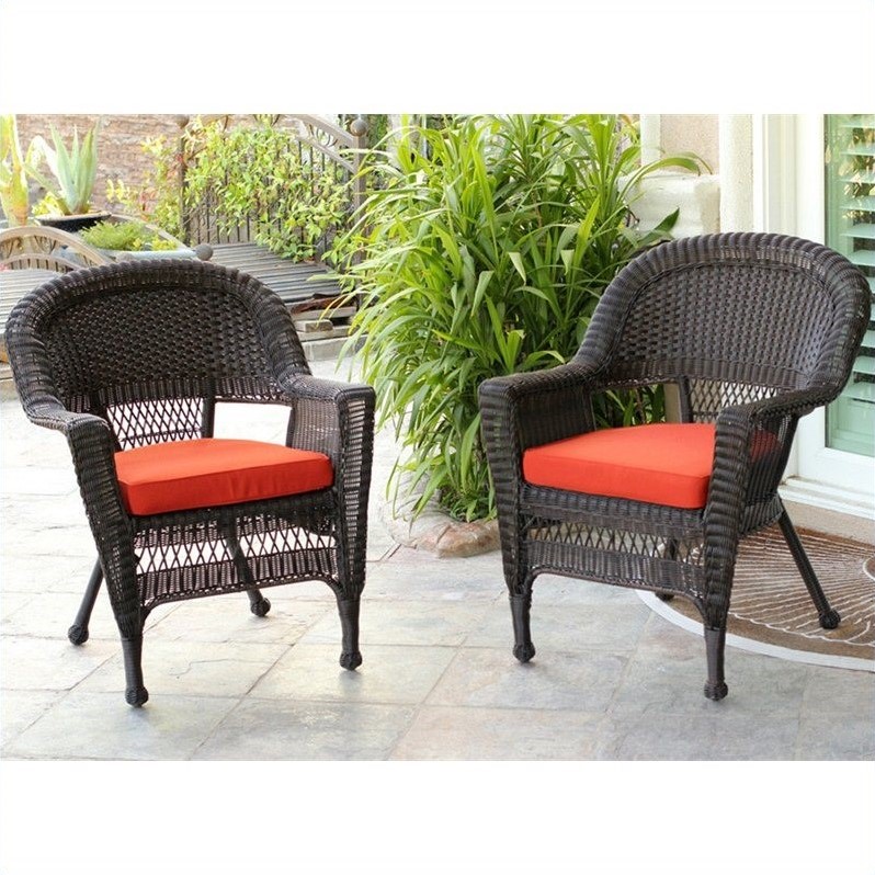Afuera Living Wicker Chair in Espresso with Red Cushion (Set of 2)